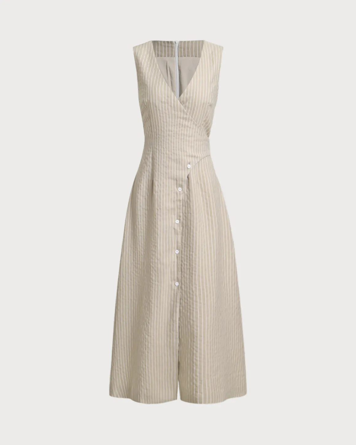 Khaki Striped V-Neck Sleeveless Maxi Dress
