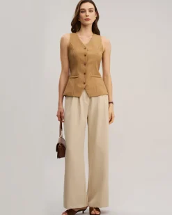 Khaki V Neck Cutout Button Vest