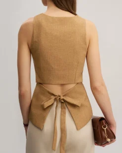 Khaki V Neck Cutout Button Vest