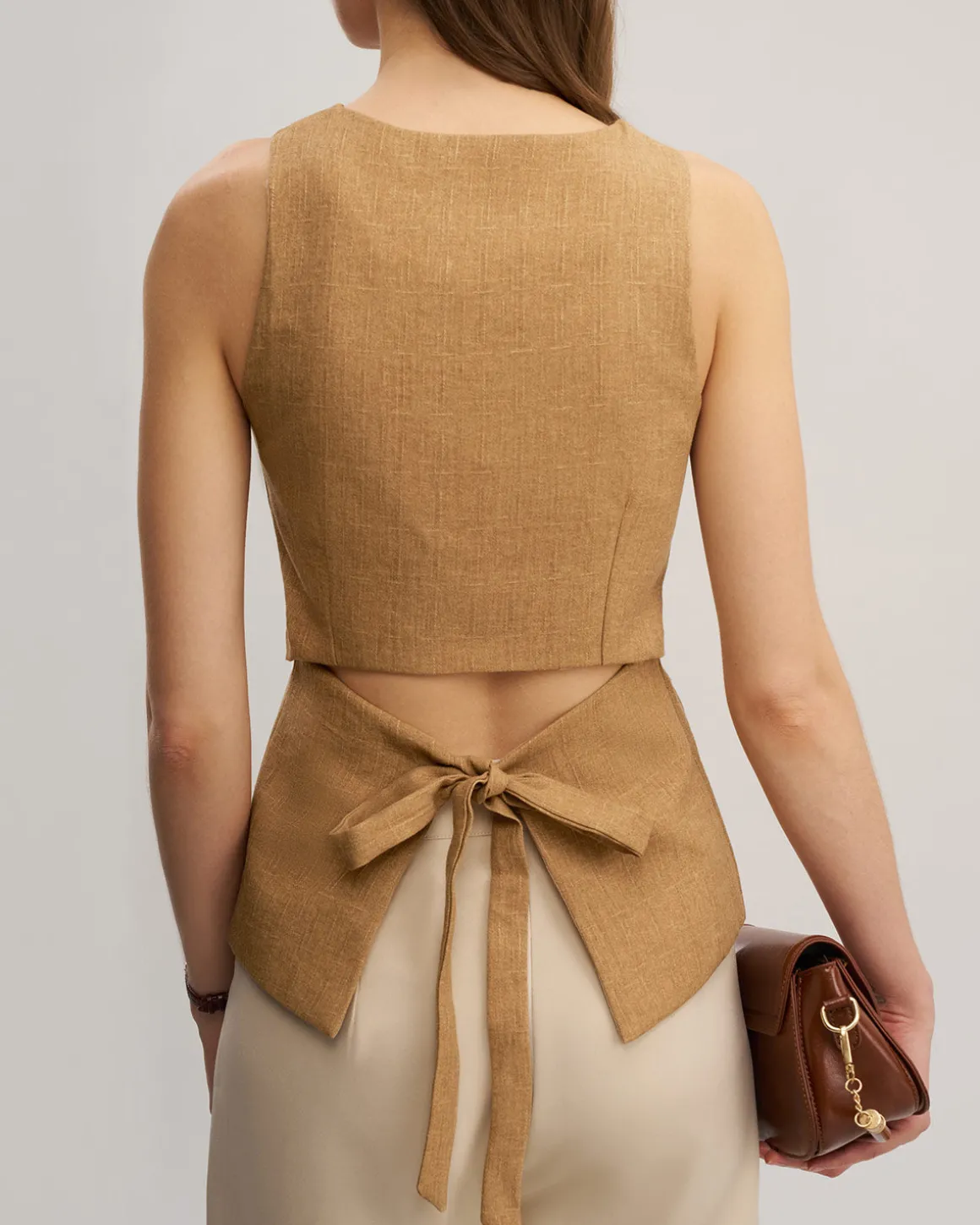 Khaki V Neck Cutout Button Vest