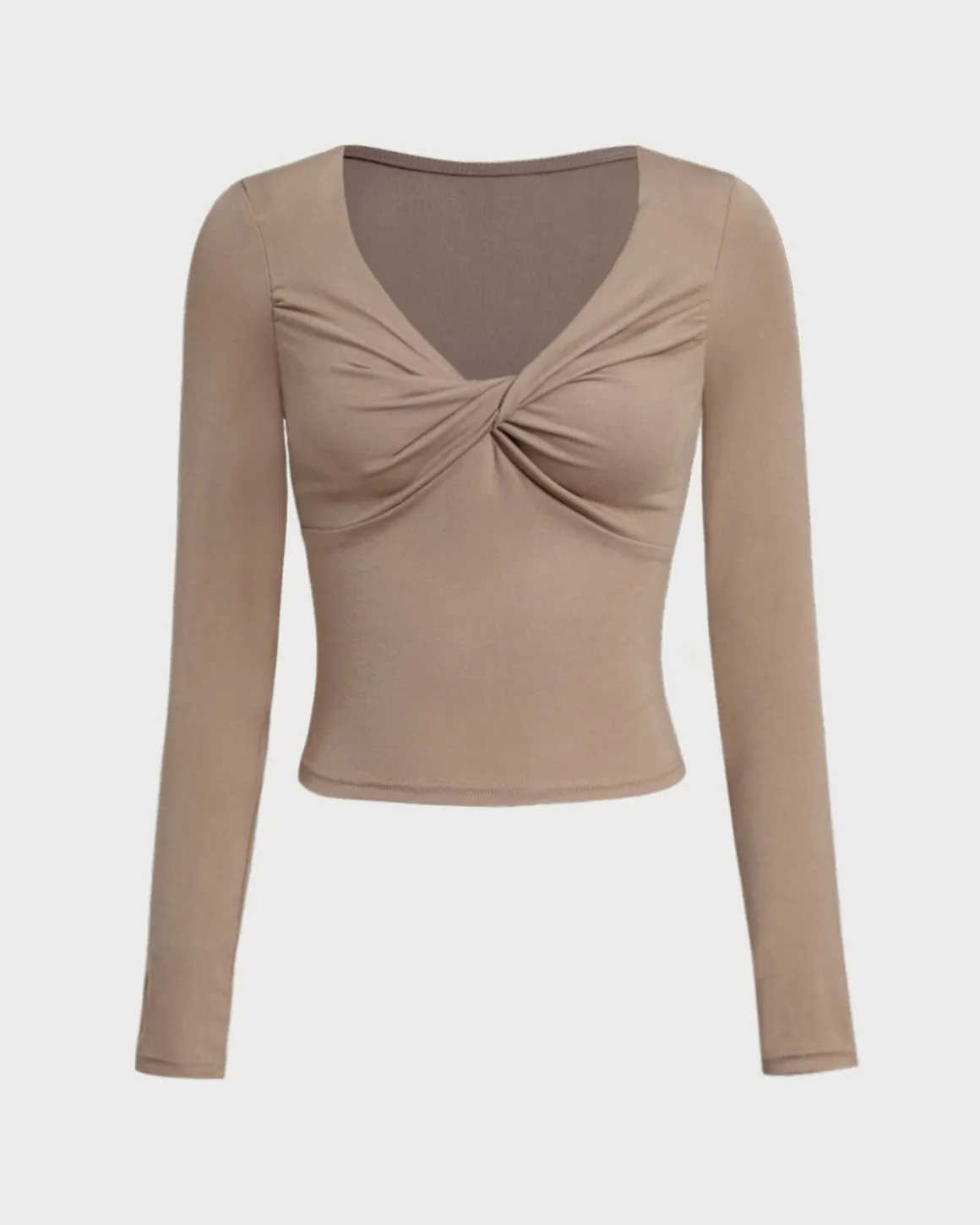 Khaki V Neck Ruched Slim Tee