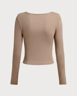 Khaki V Neck Ruched Slim Tee