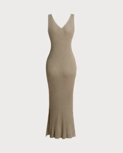 Khaki V Neck Sleeveless Bodycon Sweater Dress