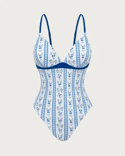 Light Blue Knit Contrast Elegant Printed One-Piece Swimsuit