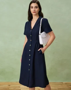 Navy Button A-Line Pocket Midi Dress