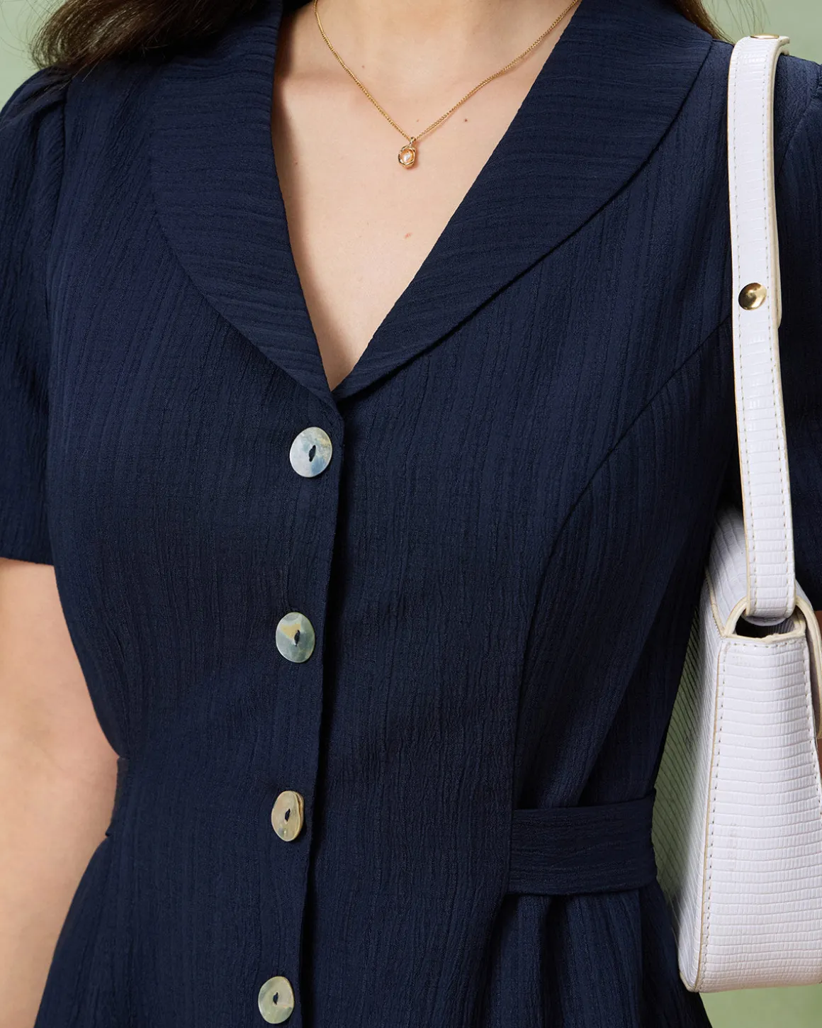 Navy Button A-Line Pocket Midi Dress