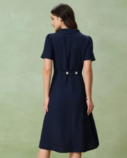Navy Button A-Line Pocket Midi Dress
