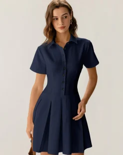 Navy Button Pleated Mini Dress