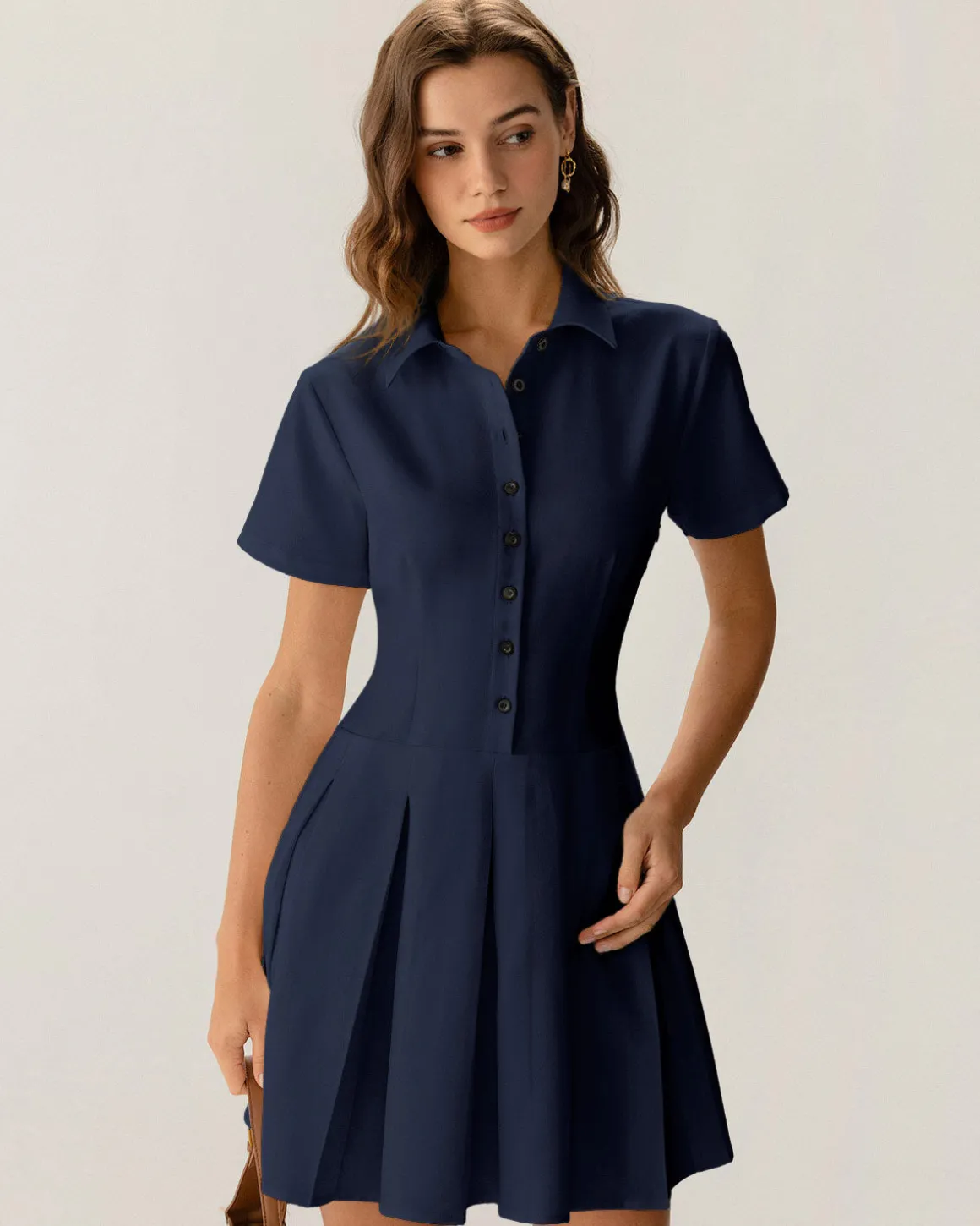 Navy Button Pleated Mini Dress