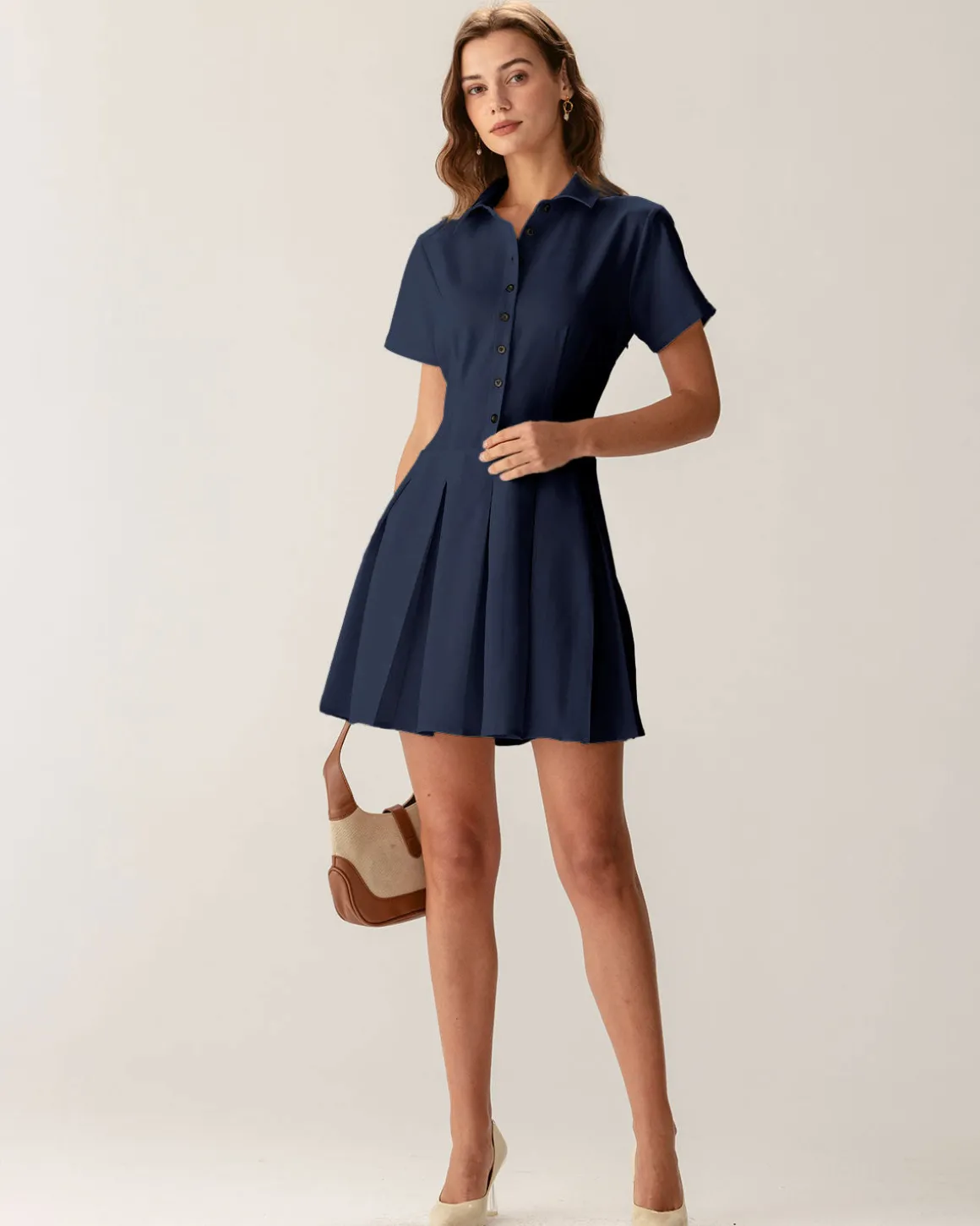 Navy Button Pleated Mini Dress
