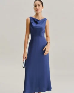 Navy Cowl Neck Satin Sleeveless Maxi Dress