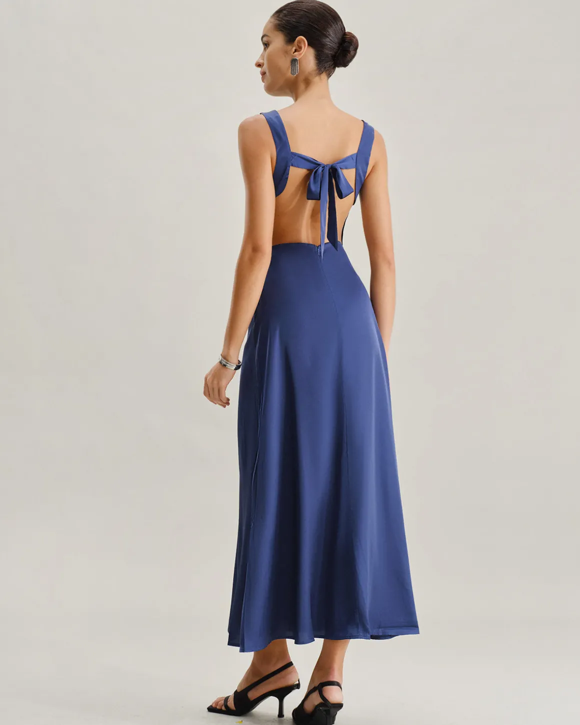 Navy Cowl Neck Satin Sleeveless Maxi Dress