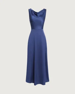 Navy Cowl Neck Satin Sleeveless Maxi Dress