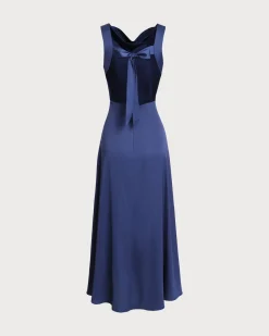 Navy Cowl Neck Satin Sleeveless Maxi Dress