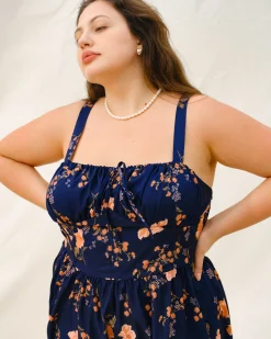 Navy Floral Ruched Plus Size Slip Midi Dress