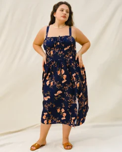 Navy Floral Ruched Plus Size Slip Midi Dress