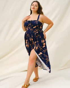 Navy Floral Ruched Plus Size Slip Midi Dress
