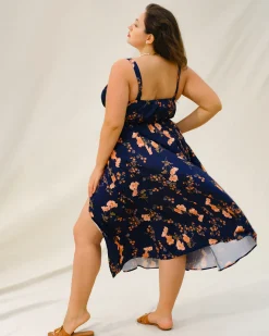 Navy Floral Ruched Plus Size Slip Midi Dress