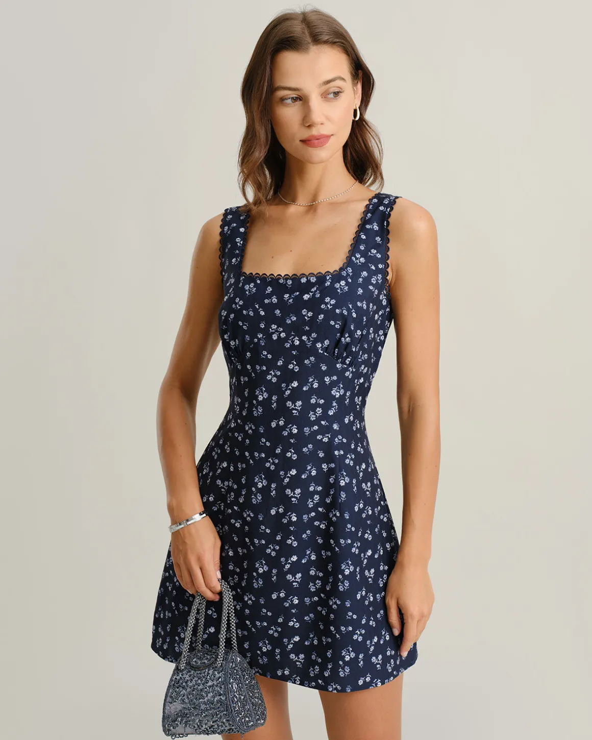 Navy Floral Square Neck Slip Mini Dress
