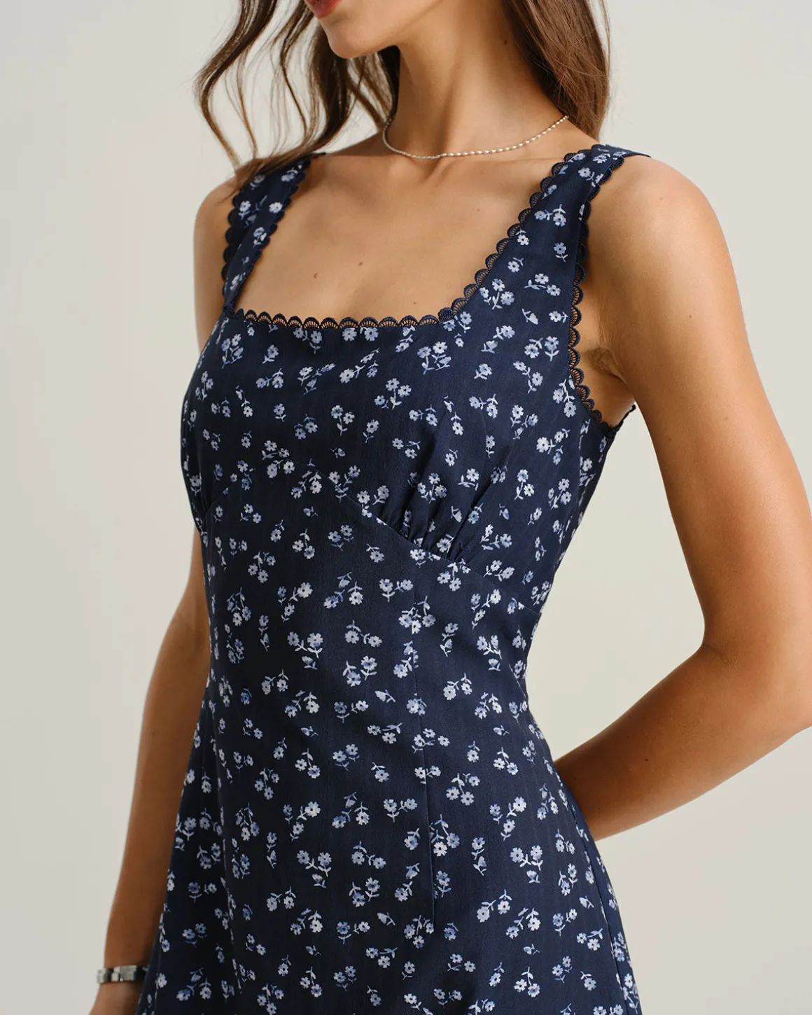 Navy Floral Square Neck Slip Mini Dress