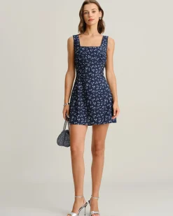 Navy Floral Square Neck Slip Mini Dress