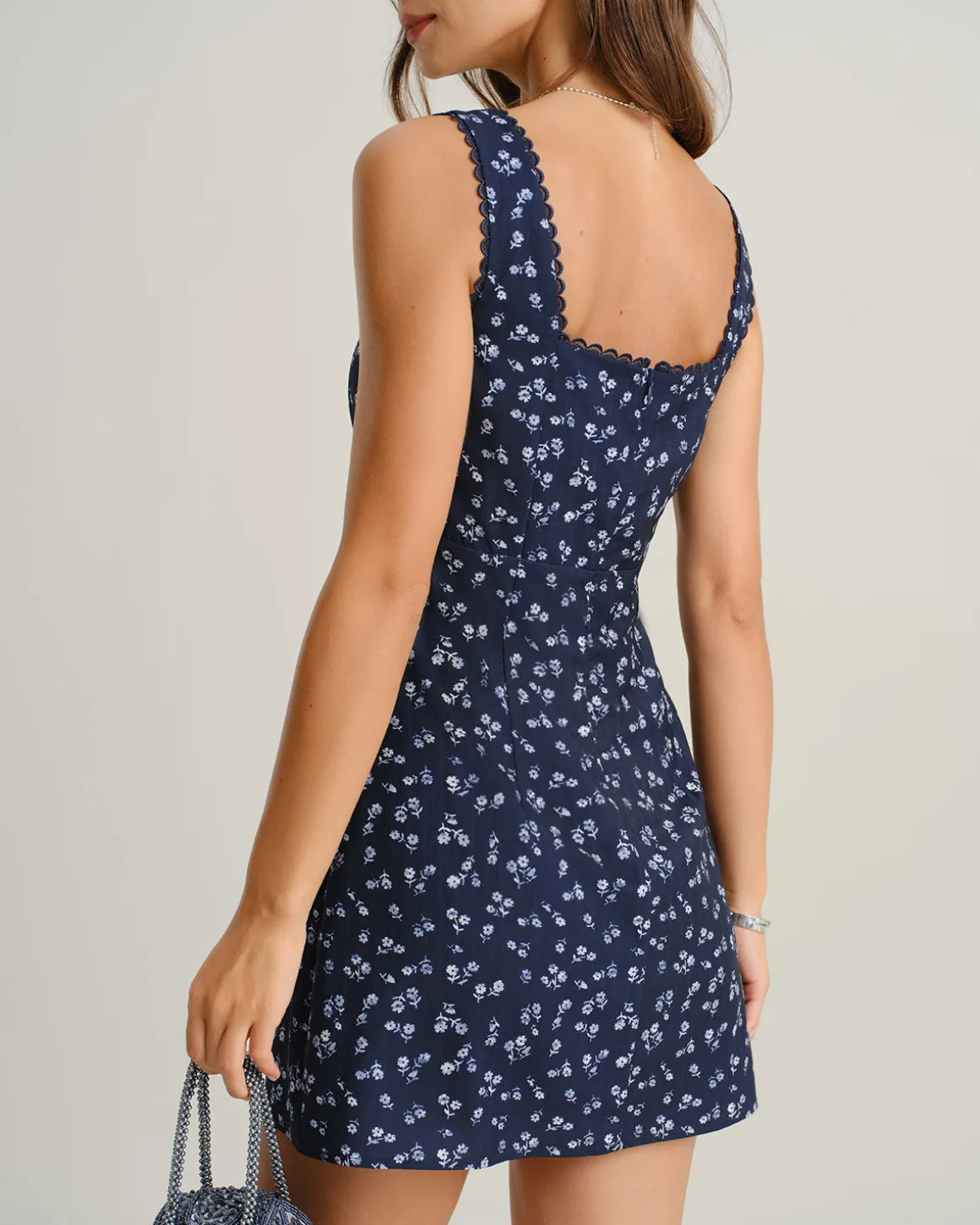 Navy Floral Square Neck Slip Mini Dress