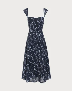 Navy Floral Sweetheart Neck Midi Dress