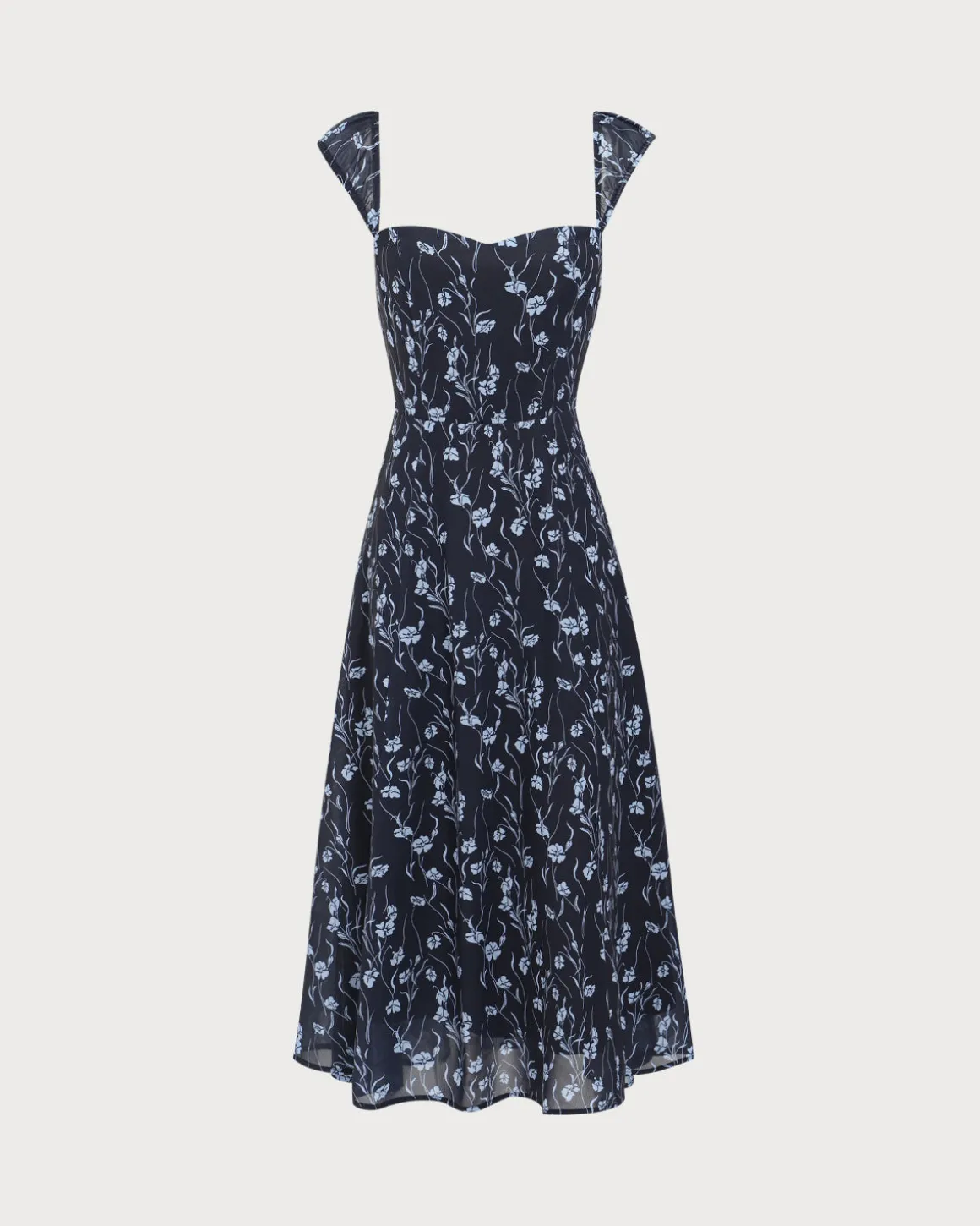 Navy Floral Sweetheart Neck Midi Dress