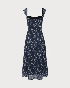 Navy Floral Sweetheart Neck Midi Dress