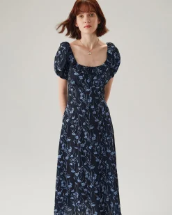 Navy Floral U-Neck Puffed-Sleeve Maxi Dress