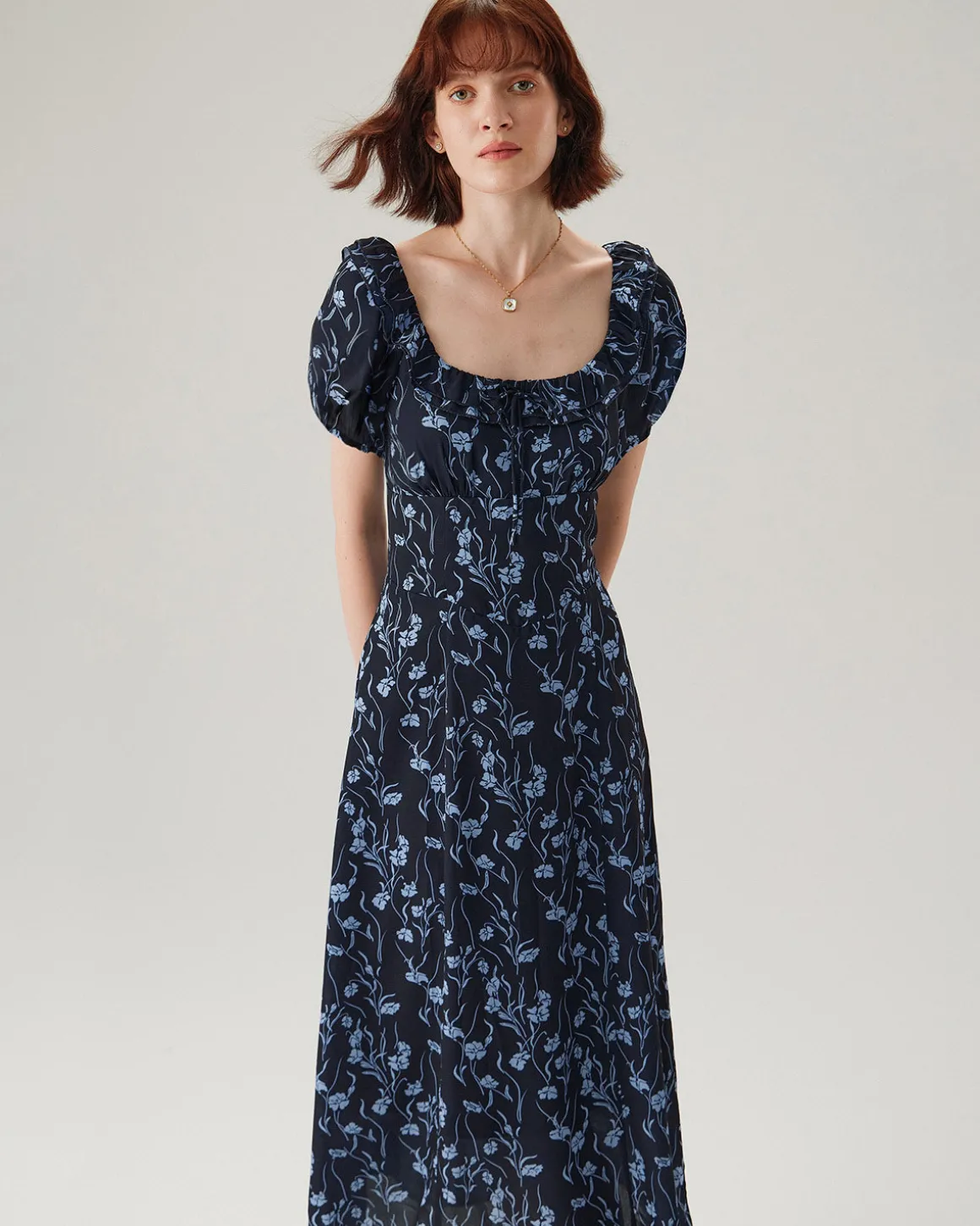 Navy Floral U-Neck Puffed-Sleeve Maxi Dress