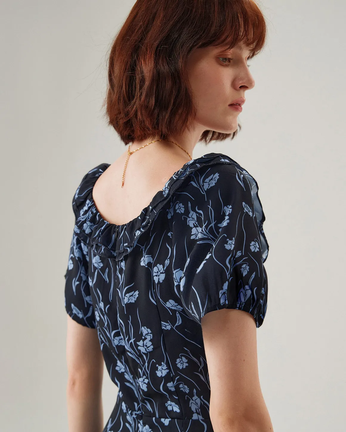 Navy Floral U-Neck Puffed-Sleeve Maxi Dress