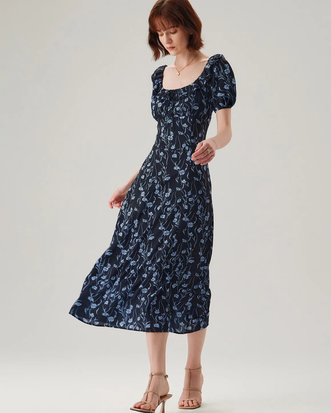 Navy Floral U-Neck Puffed-Sleeve Maxi Dress