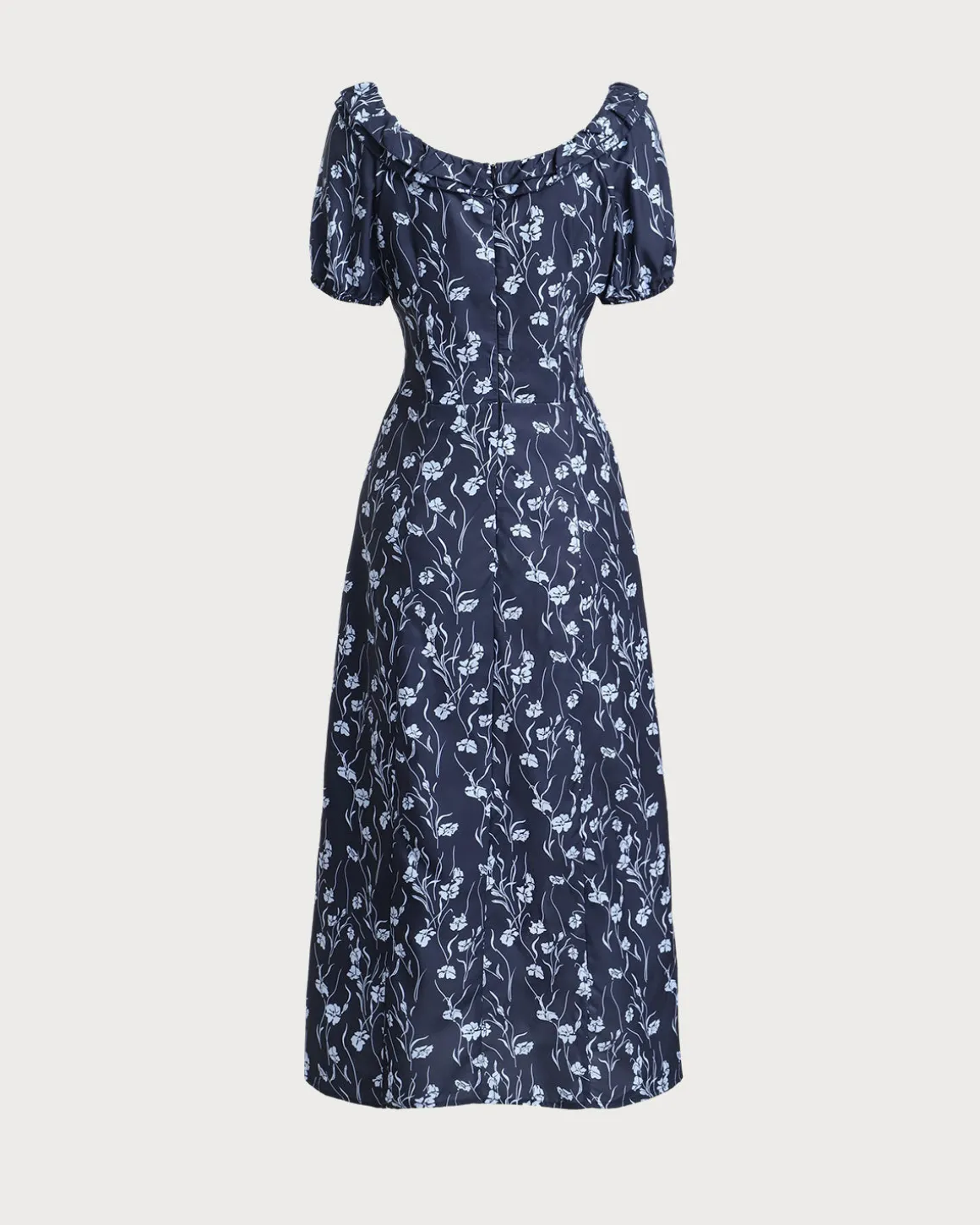 Navy Floral U-Neck Puffed-Sleeve Maxi Dress