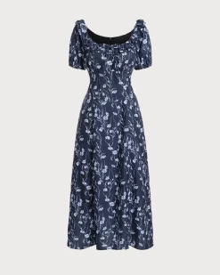 Navy Floral U-Neck Puffed-Sleeve Maxi Dress