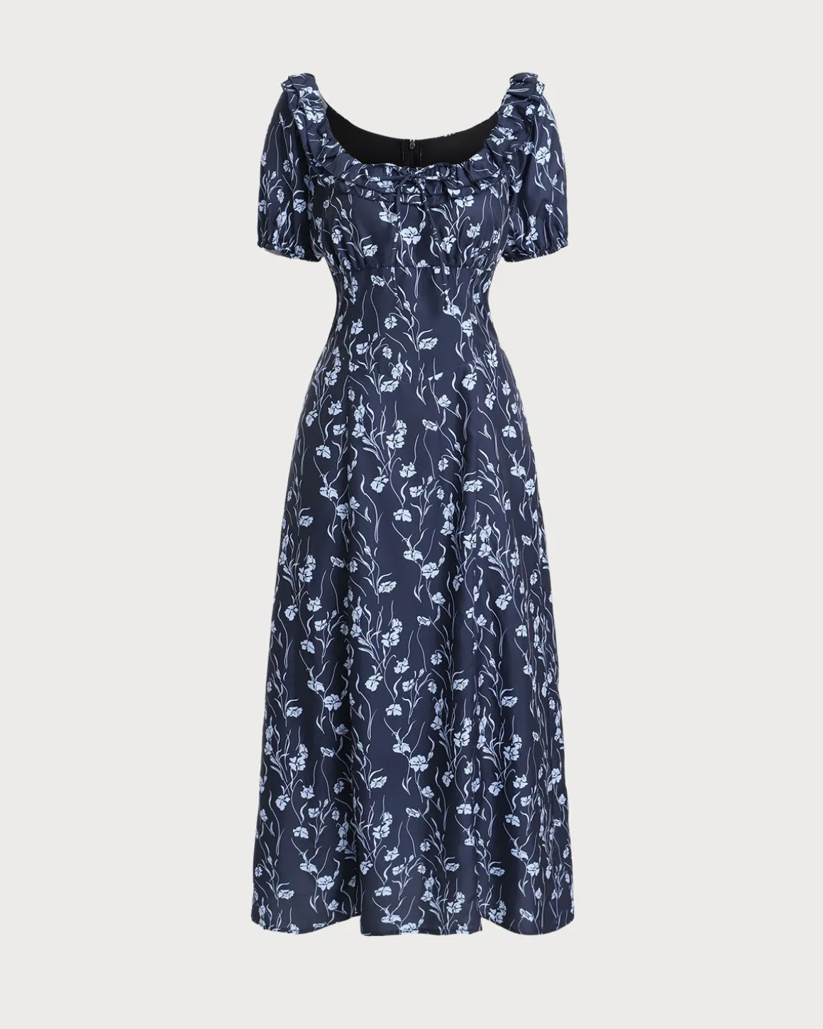 Navy Floral U-Neck Puffed-Sleeve Maxi Dress