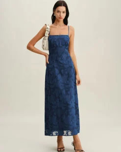 Navy Jacquard Slip Backless Maxi Dress