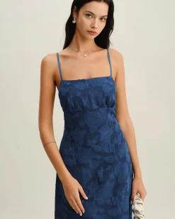Navy Jacquard Slip Backless Maxi Dress