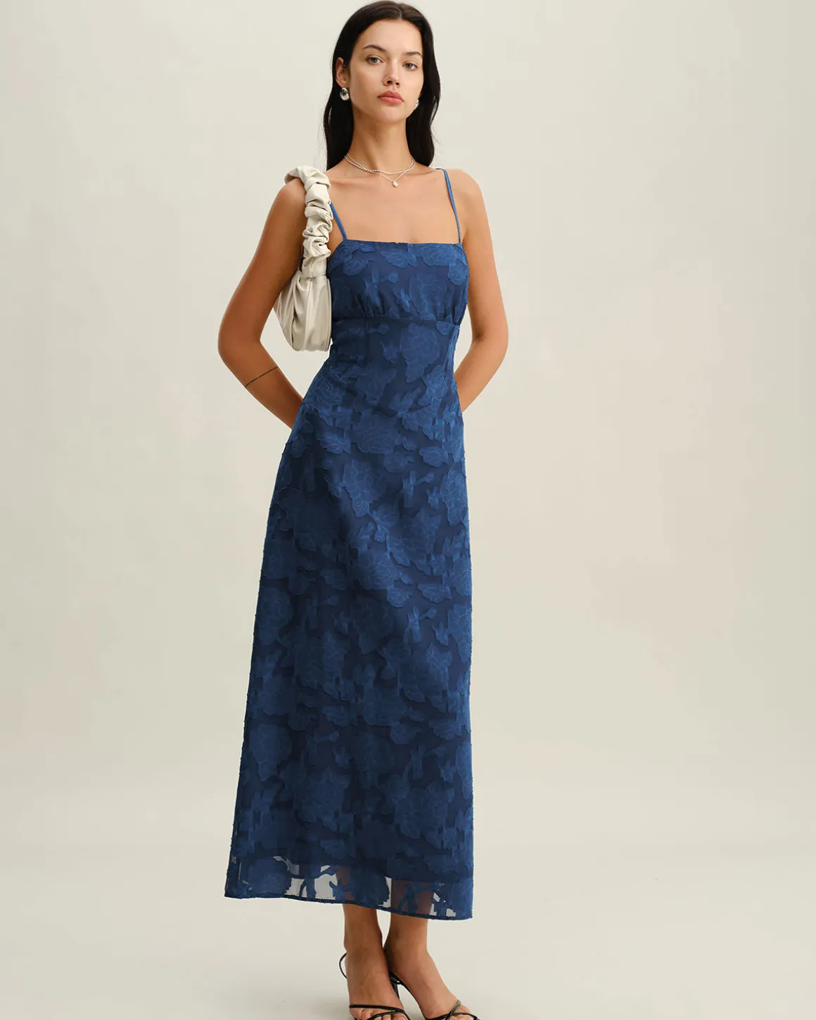 Navy Jacquard Slip Backless Maxi Dress