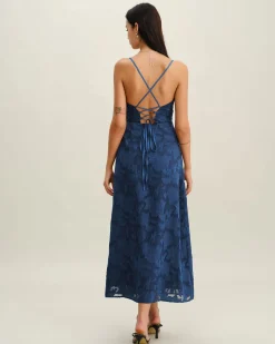 Navy Jacquard Slip Backless Maxi Dress