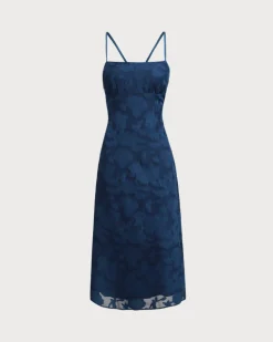 Navy Jacquard Slip Backless Maxi Dress