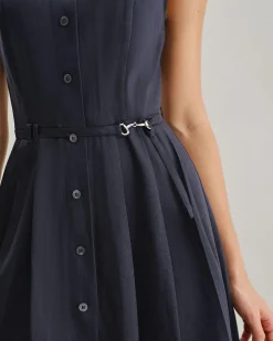 Navy Mock Neck High Waist Midi Dress