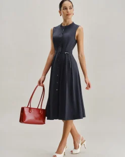 Navy Mock Neck High Waist Midi Dress