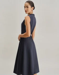 Navy Mock Neck High Waist Midi Dress