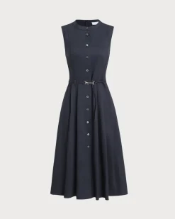 Navy Mock Neck High Waist Midi Dress