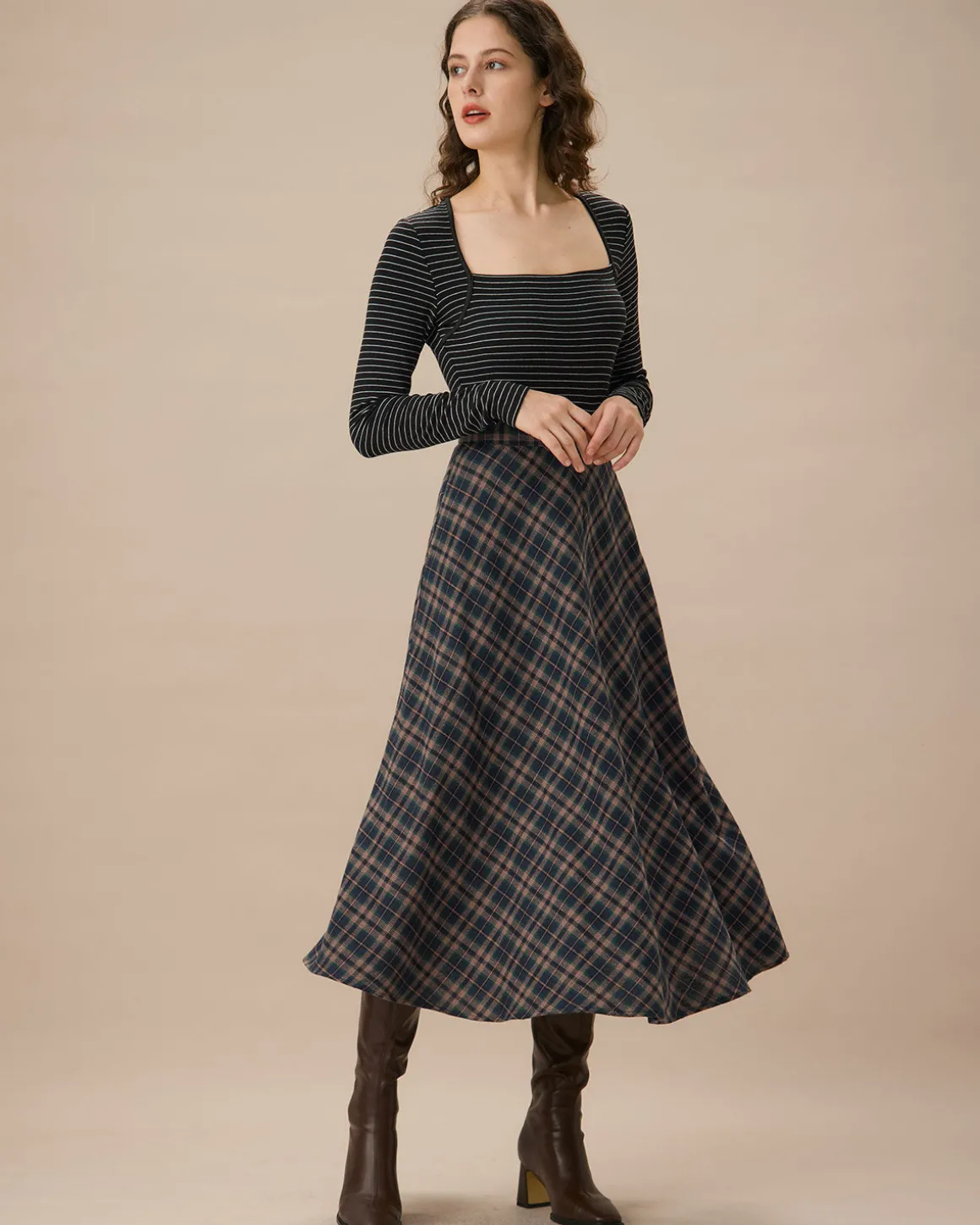 Navy Plaid Flared Midi Skirt