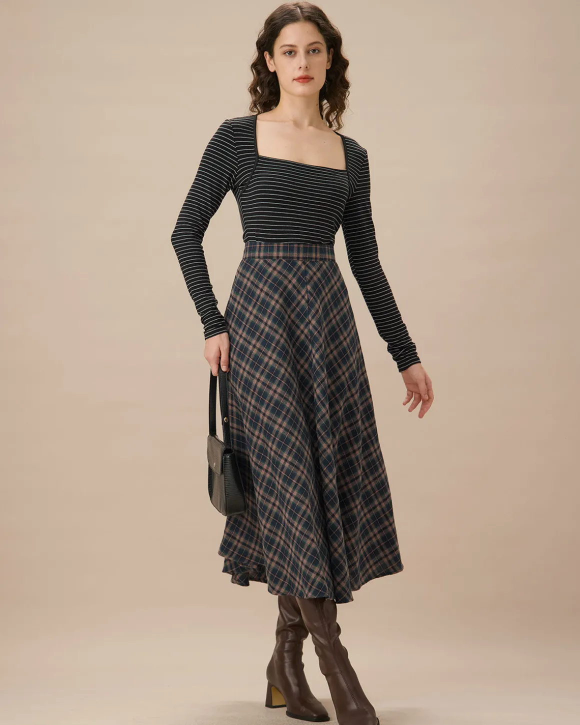 Navy Plaid Flared Midi Skirt