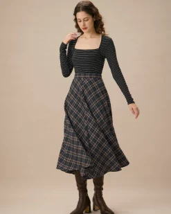 Navy Plaid Flared Midi Skirt