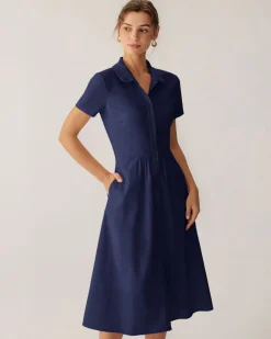 Navy Pocket Short Sleeve Midi Dress