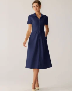 Navy Pocket Short Sleeve Midi Dress
